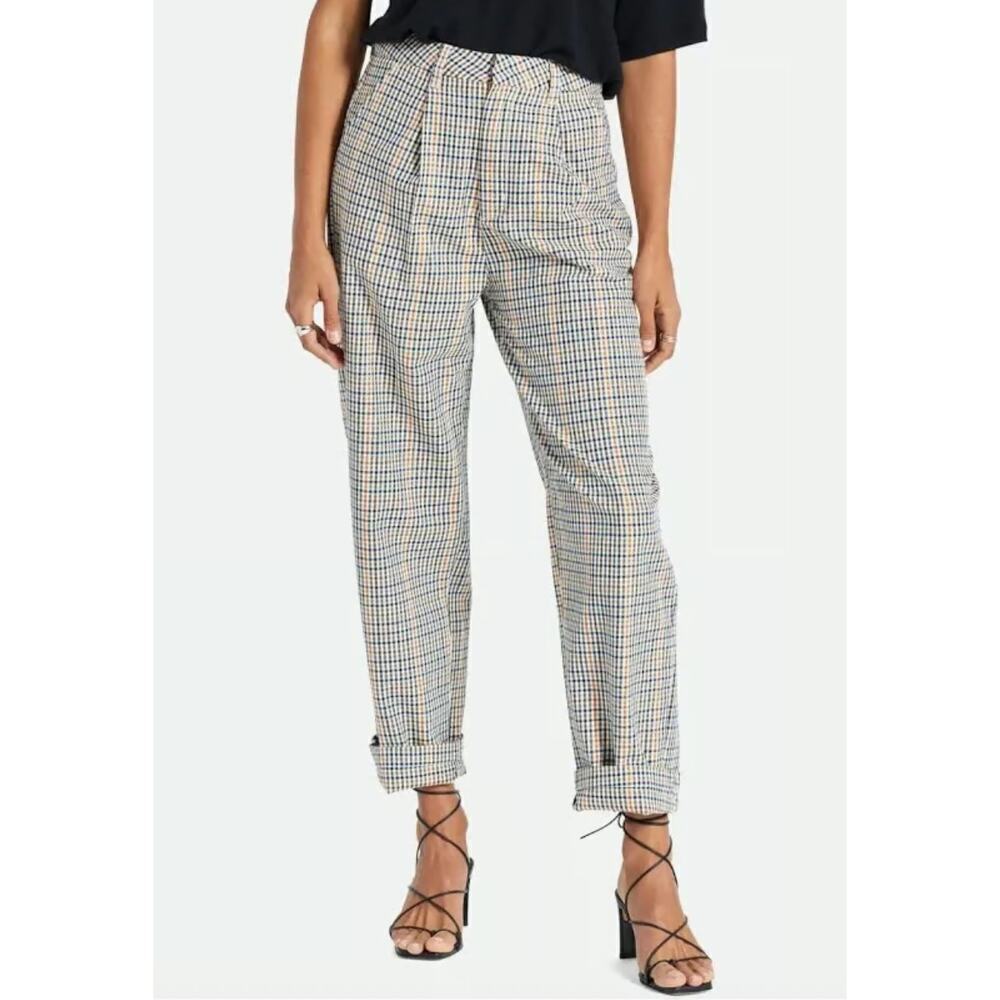 Brixton Victory Trouser Pant Mustard Beige Plaid Pleated Academia sz 26 Preppy